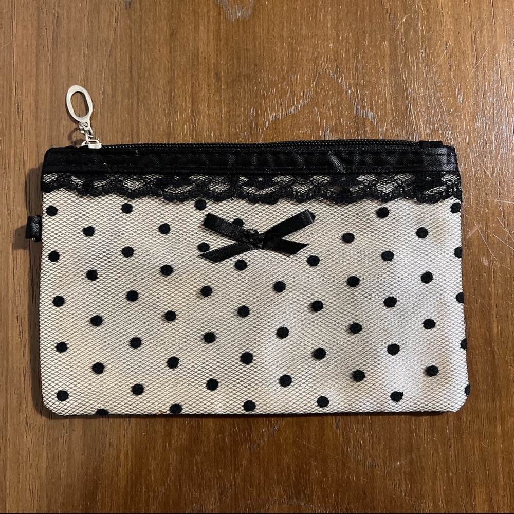 Champagne Gold Black Polka Dots Lace Cosmetic Pouch Wristlet